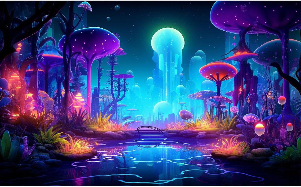 Fantasy Forest Aquarium Background Mysterious Plants Abstract Mushrooms Cartoon Style Forest Terrarium Backdrop Tranquil Stream Fish Tank Background Wallpaper Poster Decor Vinyl 60x24in