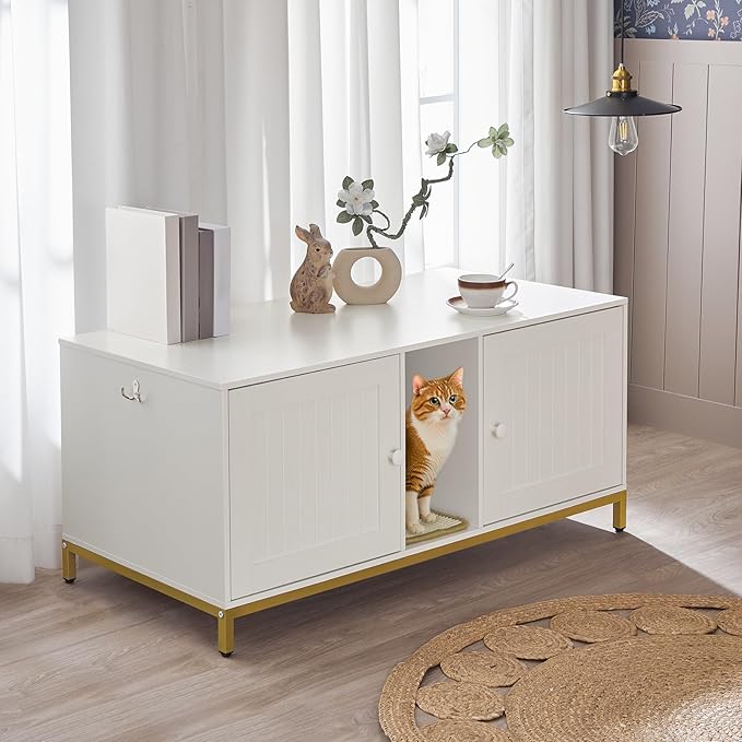HOOBRO 44" Cat Litter Box Enclosure for 2 Cats, Double Cat Litter Box Furniture Hidden, TV Stand Litter Box Enclosure with Cat Scratching Mat, Cat House, Cat Washroom Cabinet, White, Gold DW20MW01