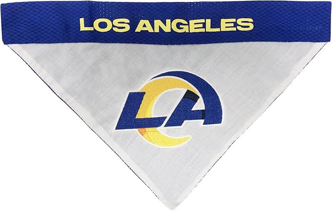 NFL DOG BANDANA - LOS ANGELES RAMS REVERSIBLE PET BANDANA. 2 Sided Sports Bandana with a PREMIUM Embroidery TEAM LOGO, Large/X-Large. - 2 Sizes & 32 NFL Teams available