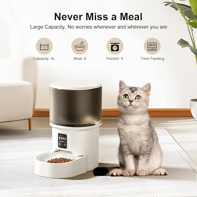 Darlipet Automatic cat Feeder,4L Auto cat Feeder,Programmable Meal & Portions,Freshness Protection, Automatic Cat Food Dispenser for Cats & Dogs, Back-up Battery, Easy to Set up & Clean