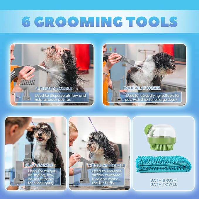 Dog Dryer for Pet Grooming Professional, 6HP/3500W High Velocity Blow Dryer for Dogs, Dual Motor Pet Dryer, Adjustable Temperature 95-125℉ & Airflow 0-90 M/S, 2.5-7.5 FT Hose with 4 Nozzles