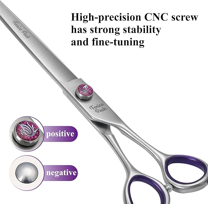 Fenice Peak 7'' Straight Dog Grooming Scissors with Purple Finger Rings and Flashing Screw Professional 440C Stainless Steel Natural Color Pet Trimming Shears with Offset Handle Durable and Sharp