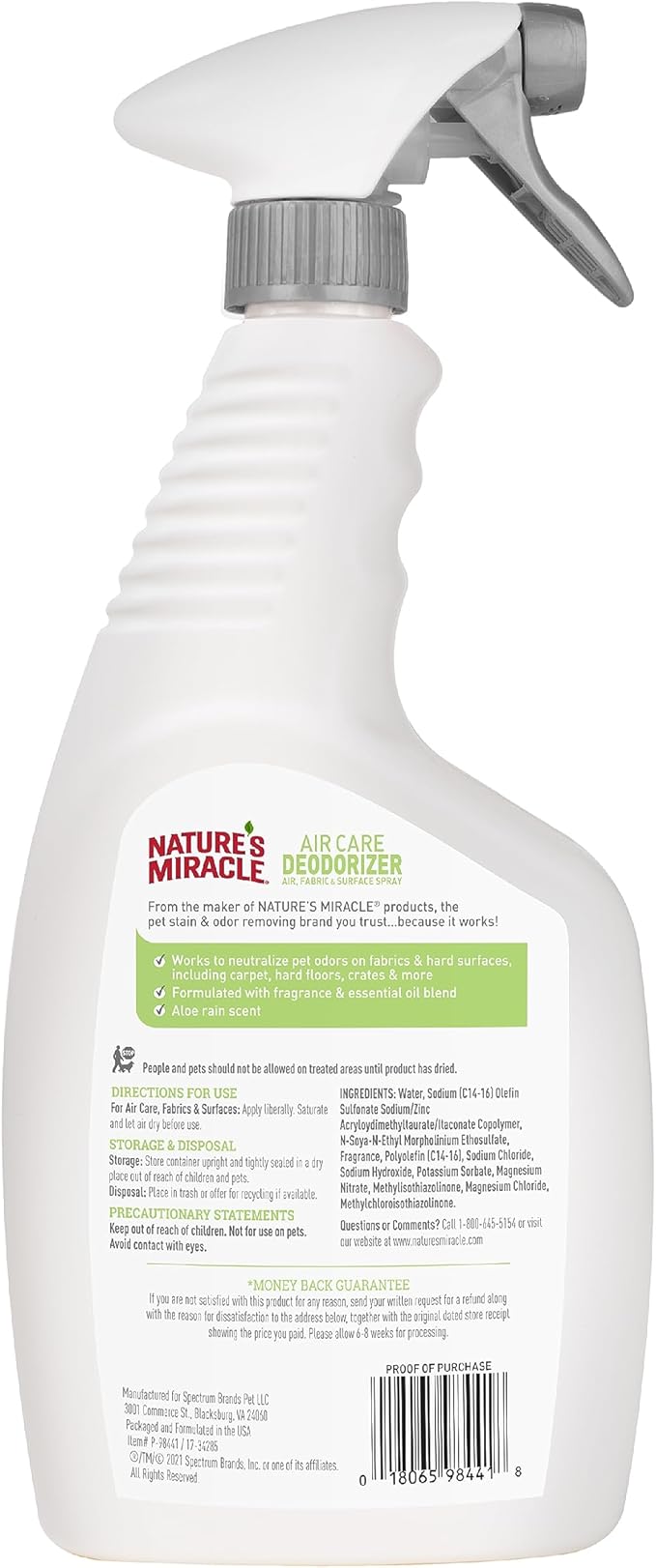 Nature's Miracle Air Care, Fabric and Surface Spray Aloe Rain Scent Pet Odor Eliminator Deodorizer, 24 fl. oz.