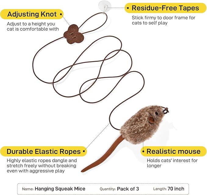 Potaroma Hanging Cat Mice Toys 3 Pcs with Squeaky Sound, Interactive Cat Teaser Retractable, Cat Toys Indoor Kitten Play Chase Exercise, Mental Physical Stimulation