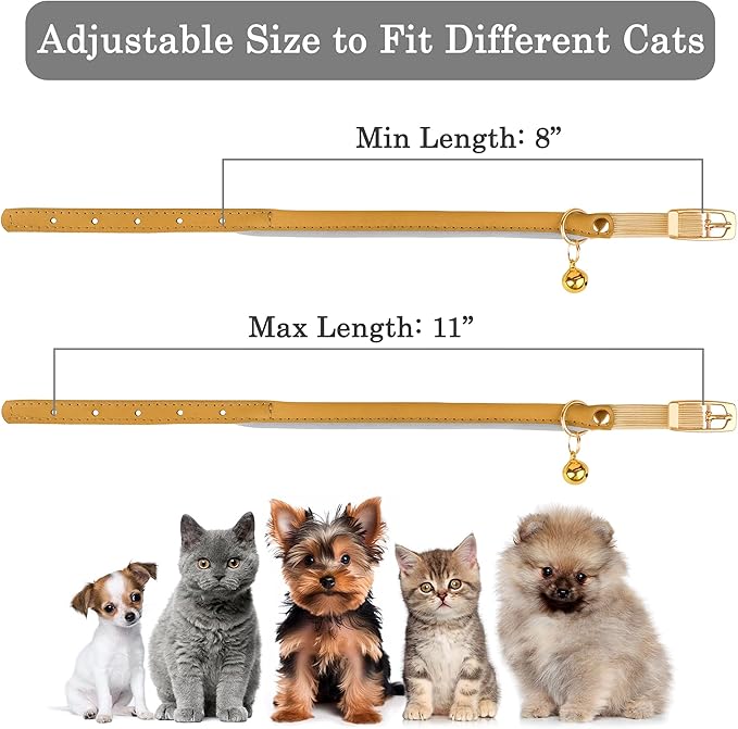 OOPSDOGGY Rolled Leather Cat Collar with Bell - Reflective Kitten Collar with Safety Elastic Strap - Adjustable Small Pet Collars for Boy Girl Cats (Camel)