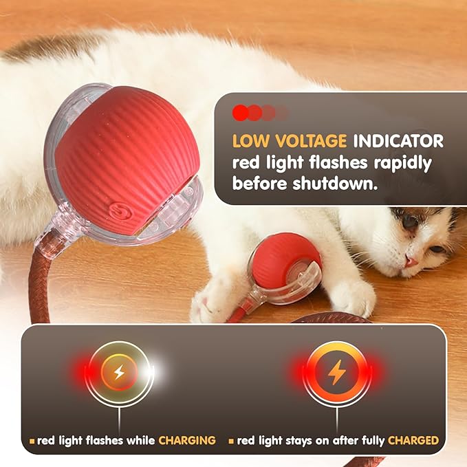 Rocfish Durable Interactive Cat Toys for Indoor Cats, Smart Automatic Cat Chase Ball Toy, Upgraded Speedy Tail Kitten Toy for Bored Indoor Adult Pets (Red)