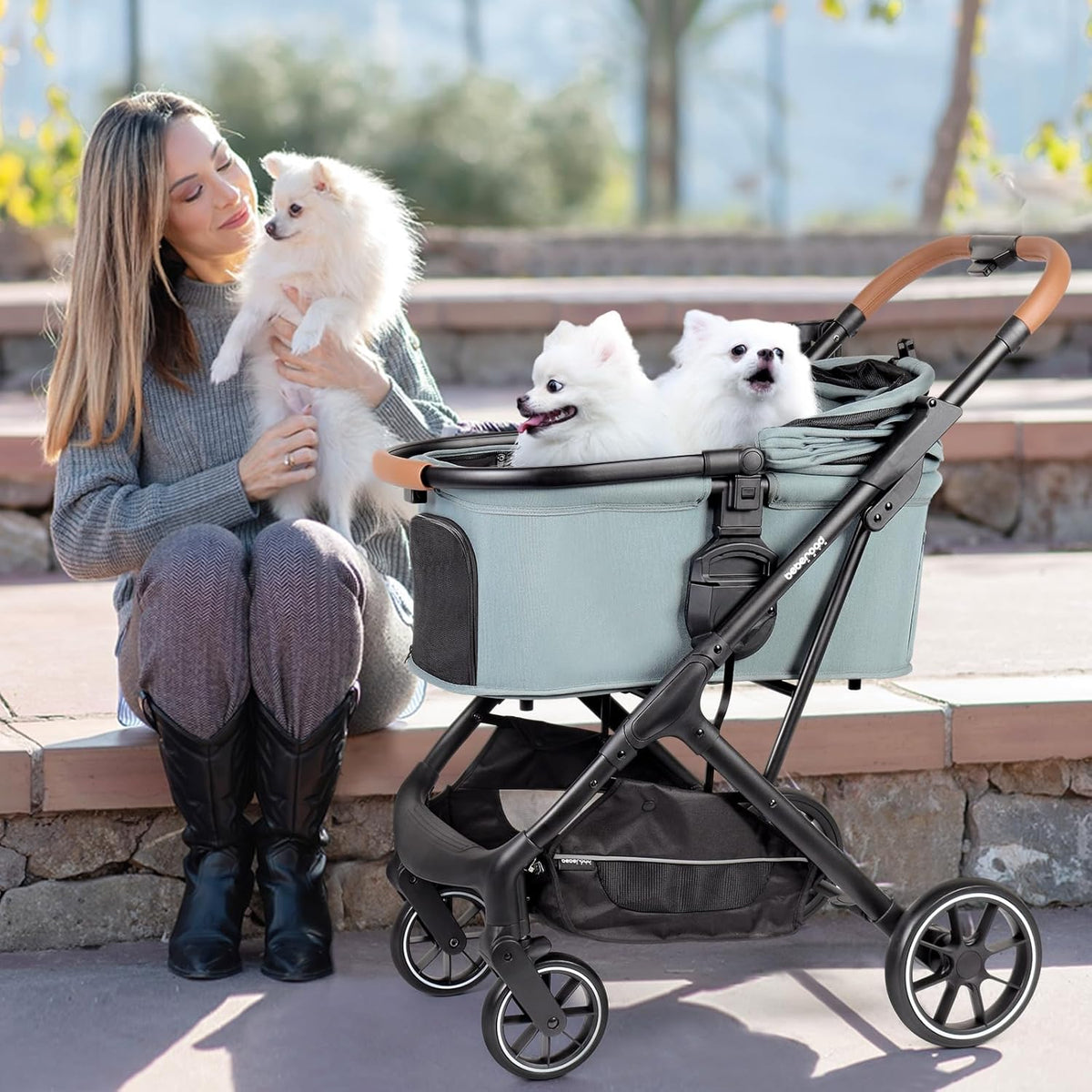 T6 Luxury Pet Stroller for Medium Dogs Up to 66lbs or 2 Small Pets – 3-in-1 Dog & Cat Stroller with Removable Carrier, Foldable & Lightweight (Green)