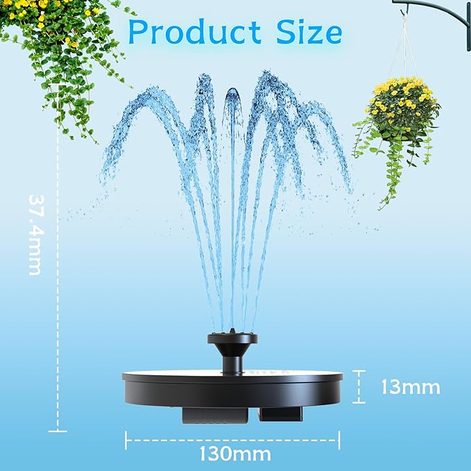 AMZtime Solar Water Fountain, Upgraded Solar Bird Bath Fountains with 6 Nozzles, Free Standing Floating Solar Powered Water Fountain Pump for Bird Bath, Garden, Pond, Pool and Outdoor