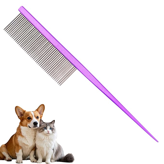 Grooming Pet Comb Rat Tail Dematting Cat and Dog Comb，Rounded Ends Design for Safe Tangle Removal, Hairstyling, Massage，Loose Hair Removal，Prevent Irritation，Fluffing Paws,Face,Tail,Remove Tear Stain