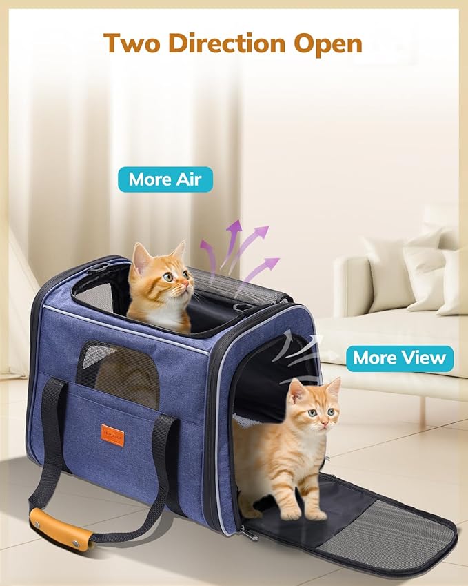 Morpilot Cat Carrier - Soft Sided Cat Carrier Large for Big Medium Cats and Puppy up to 18lbs, Pet Carrier with Safety Zippers, Foldable Bowl, Airline Approved Large Dog Carrier - Light Blue