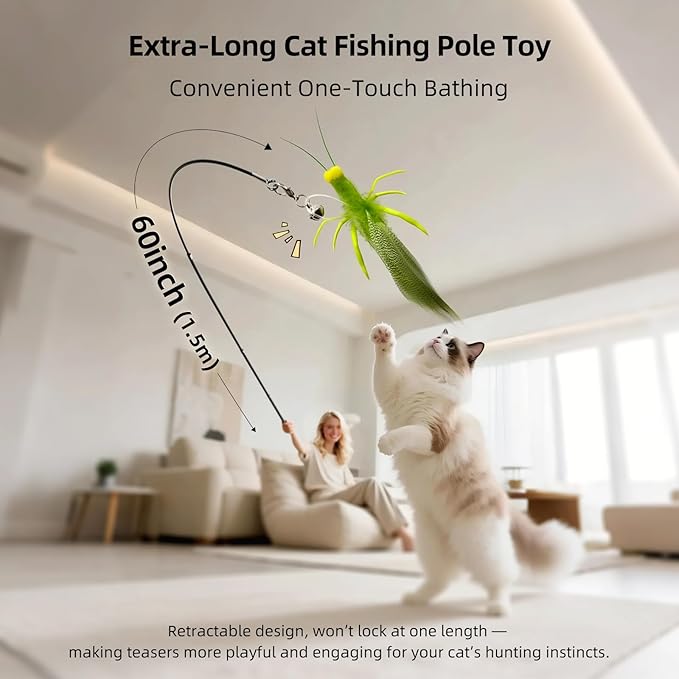 uahpet Natural Feather Cat Toy, Interactive Wand Toy for Indoor Kittens, 60inch Long Cat Fishing Pole Toy for Exercising and Playing, 4Pcs Different Refills and 2Pcs Premium String