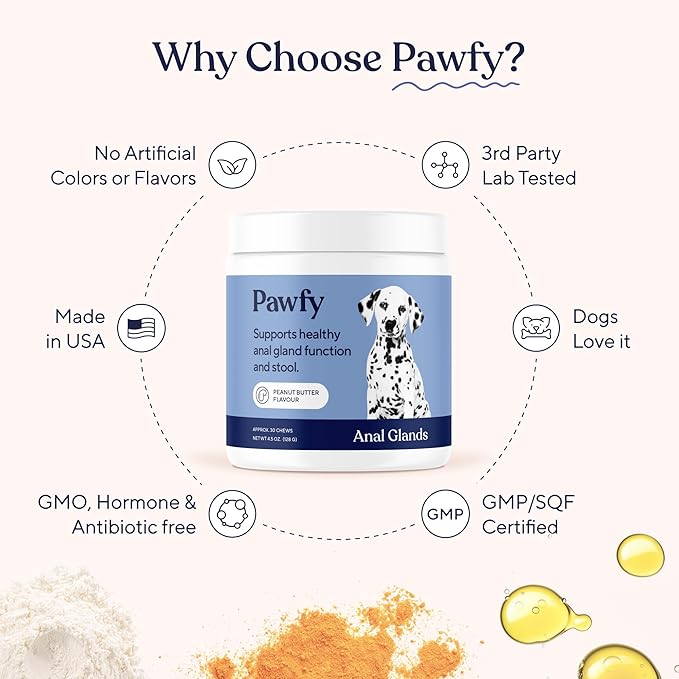 Pawfy Anal Gland Chews for Dogs with Peanut Butter | Dog Probiotics – Helps with Constipation, Digestive Health, and Gas Relief | Promotes Healthy Poops & Comfort - 30 Dog Supplements