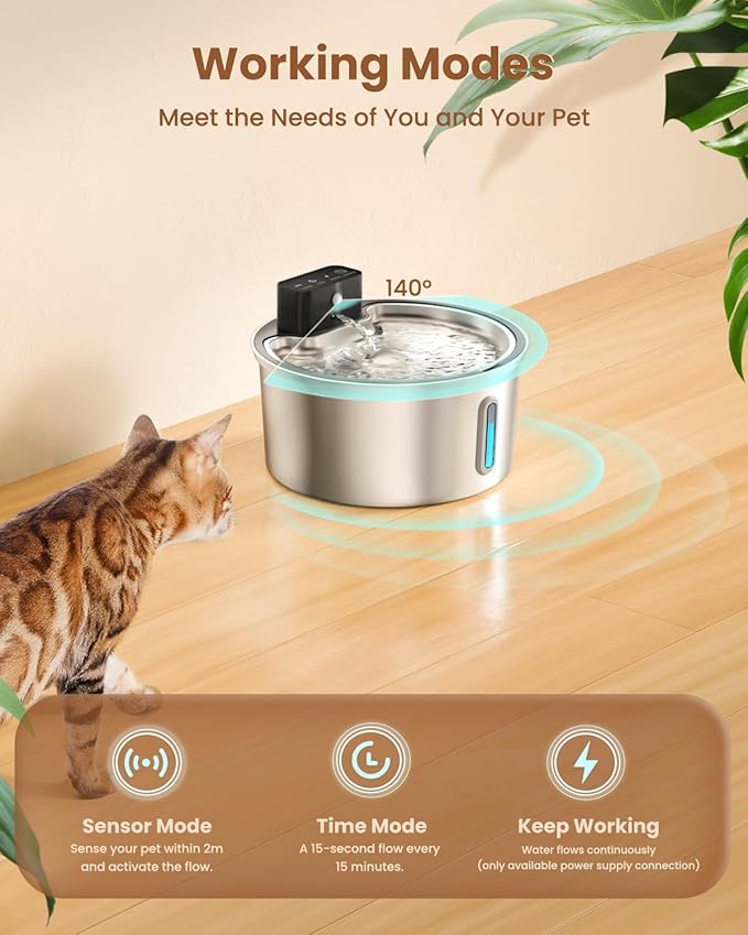 Wireless Cat Water Fountain Stainless Steel - 3.2L/108oz Cordless Pet Water Fountain Battery Operated Cat Water Dispenser Ultra Silent Rechargeable Water Fountains for Cats and Dogs