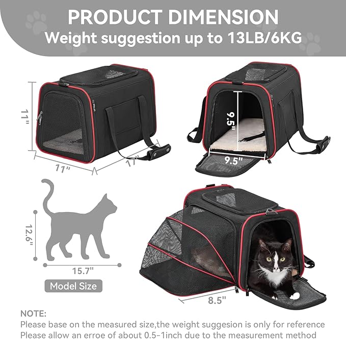 Petsfit Expandable Cat Carrier Dog Carriers,Airline Approved Soft-Sided Portable Pet Travel Washable Carrier for Kittens,Puppies,Removable Soft Plush mat and Pockets,Locking Safety Zippers