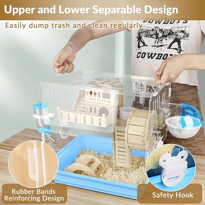 Cycodo 8 in 1 Acrylic Hamster Cage,2-Tier Dwarf Hamster Cage with Wooden Wheel & Hideout,Small Hamster Habitat with Accessories,Clear Pet Mice House(Blue,14" L*10" W*11" H)