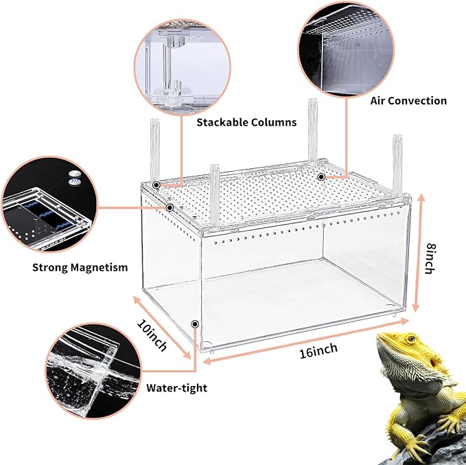 【No Assembly】 Reptile Tank Enclosure with Magnetic Button.16" * 10" * 8" Thicken Snake Enclosure Cage,Batch Stackable Reptile Breeding Tank for Insect,Fish,Tarantula,Hermit Crab,Jumping Spider