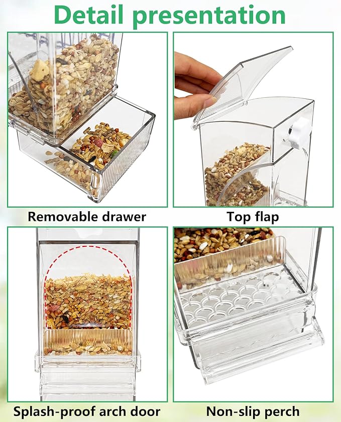 Hamiledyi 2Pcs No Mess Bird Feeder Automatic Bird Cage Feeder Transparent Acrylic Parrot Seed Food Container with Perch for Parakeet Finch Lovebirds Budgies Canary
