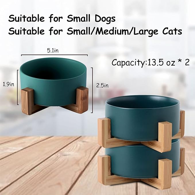 Petygooing Ceramic Dog Cat Bowl Set with Stand,Small Dog Bowls,Food and Water Dishes, Cute Modern Anti Slip Set of 2 Pet Food Dish- Small Size Pet (13.5OZ/5.1 in) Green