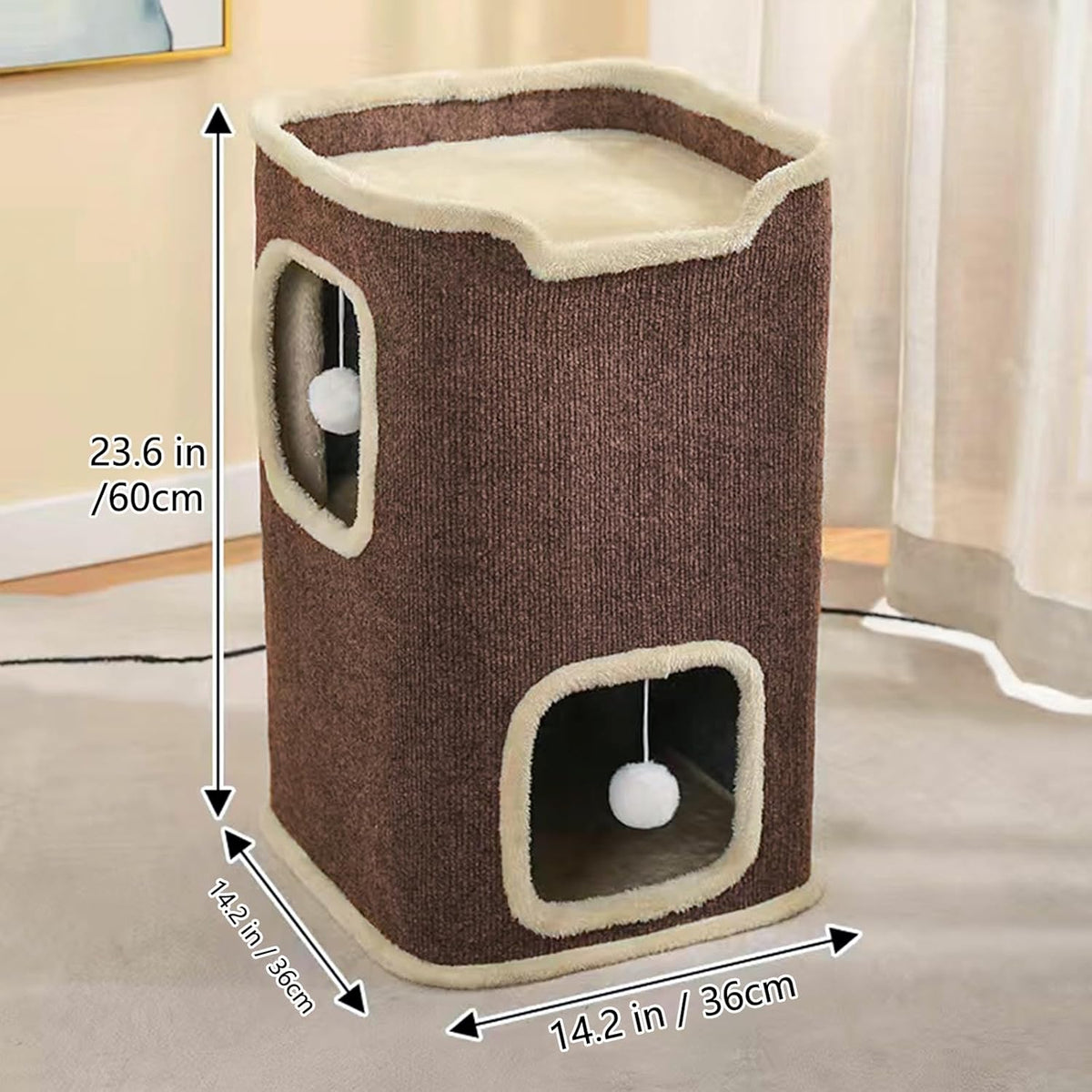 Cat House for Indoor Cats Beds, Multi-Level Cat Condo, Foldable Cave Bed Coffee, 2L