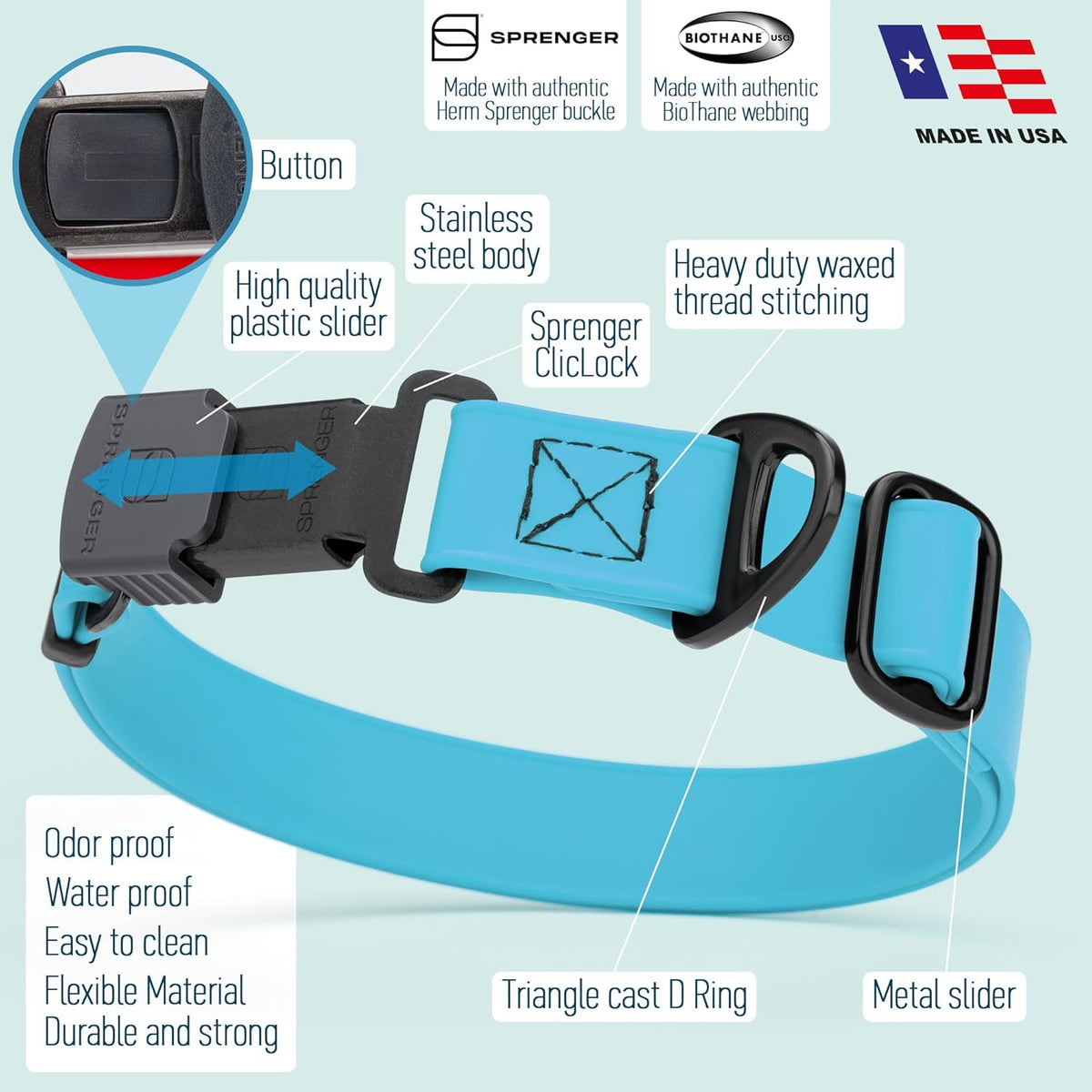 Dogline Biothane Waterproof Dog Collar with Herm Sprenger Stainless Steel Quick Release Buckle – Heavy Duty Tactical Durable Collar for Dogs – Comfortable and Safe Pet Collar, W 1" L 15-25" Sky Blue