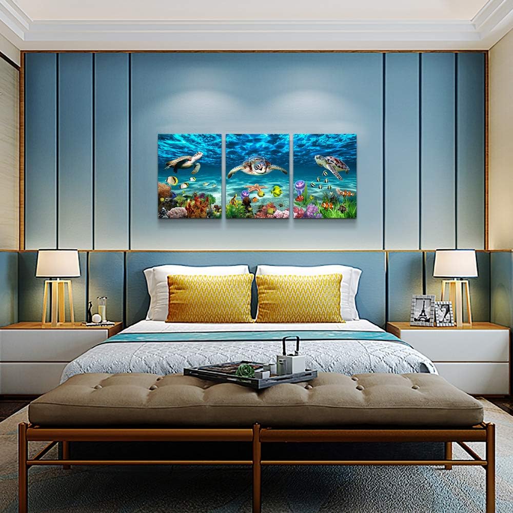 AHUASJART Canvas Wall Art for Living Room family Wall decor for Bedroom Bathroom Wall Decoration blue Ocean Sea Turtle Paintings Modern shark Pictures Artwork office Ready to Hang 12" x 16" 3 Piece