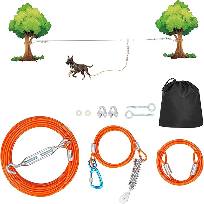 100ft Dog Runner for Yard Large Dog Heavy Duty with Double Shock Absorbers Tangle-Free Aerial Trolley System for Large Dogs Up to 250lbs (Orange)