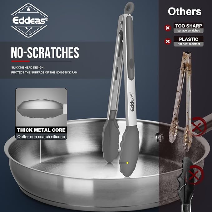 Kitchen Tongs with Silicone Tips - Heat Resistant 600 Degrees Stainless Steel Locking Cooking Tongs with Rubber Tips, Non-Stick Food Tongs for Cooking, Heavy Duty, Set of 3-7" 9" and 12" Grey