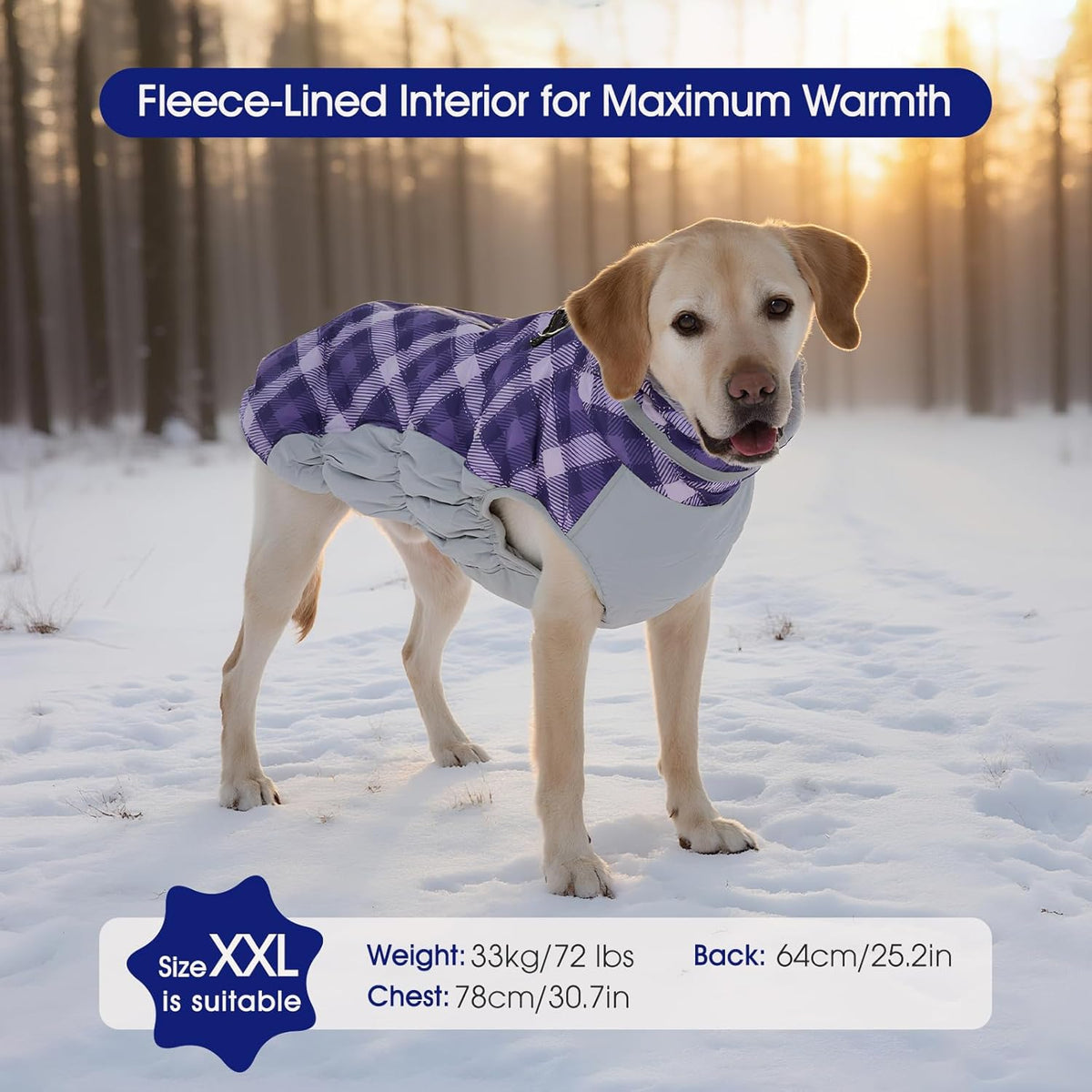 FUAMEY Dog Coat for Large Dogs,Waterproof Dog Winter Jacket with Harness Built in Puppy Cold Weather Coats Reflective Pet Vest with Zipper Warm Fleece Dogs Snowsuit Windproof Purple Plaid L