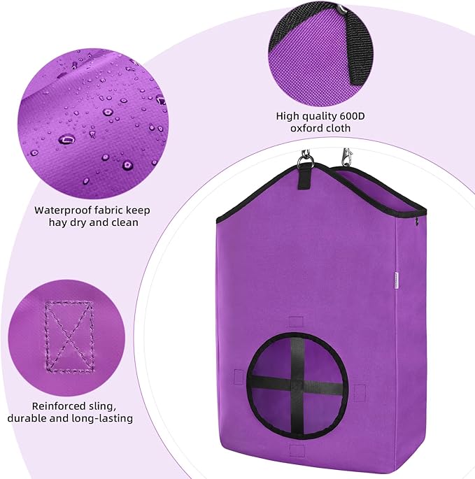 3 PCS Goat Hay Feeder,Hay Bags for Horses,Goats,Donkeys with Reinforced Oxford Fabric and High Strength Metal Clasp,Horse Feeding Supplies with Adjustable Strap for Easy Hanging (2Purple+1Grey)