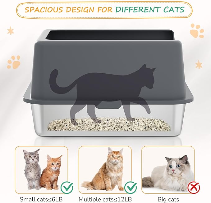 Stainless Steel cat Litter Box, Covered Metal Litter Box, cat Litter Pans with high Sides, Kitty Litter Boxes for Indoor Cats (Non Sticky, Easy to Clean, Anti-Urine Leakage) 17.5" L x 13.5" W x 4" H