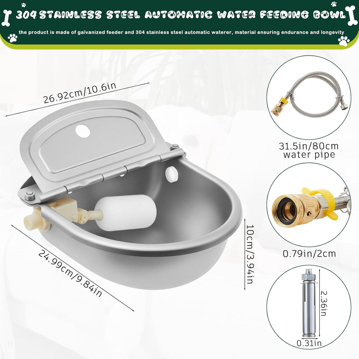 Integrated No Installation Galvanized Automatic Dog Feeder and 304 Stainless Steel Automatic Water Dispenser for Large Dogs 25lbs Outdoor Gravity Feeder Livestock Waterer