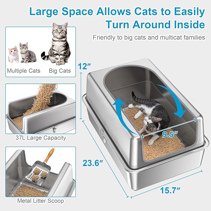 12'' High Sides XL All Stainless Steel Cat Litter Box with Lid,Deep Metal Litter Box for Big Cats,Extra Large Litter Boxes with High Wall Enclosure,Anti-Leakage,Never Absorbs Odors,Non-Sticky Surface