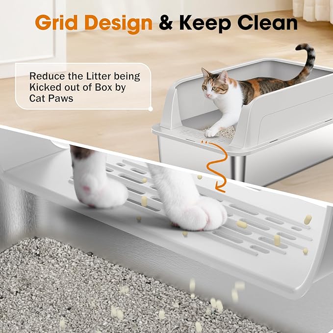 2PACK Stainless Steel Litter Box, Extra Large Litter Boxes for Big Cats, XL Metal Cat Litter Box with Lid High Sides, Anti-Urine Leakage, Non-Sticky, Scoop Included