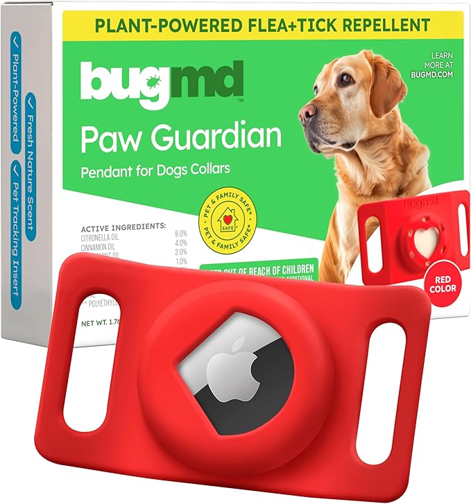 BugMD Paw Guardian Flea and Tick Prevention Pendant for Dogs with AirTag Holder | Plant-Powered Flea & Tick Control for Dog Collars Harnesses | Dog Tag with Air Tag Holder - Red