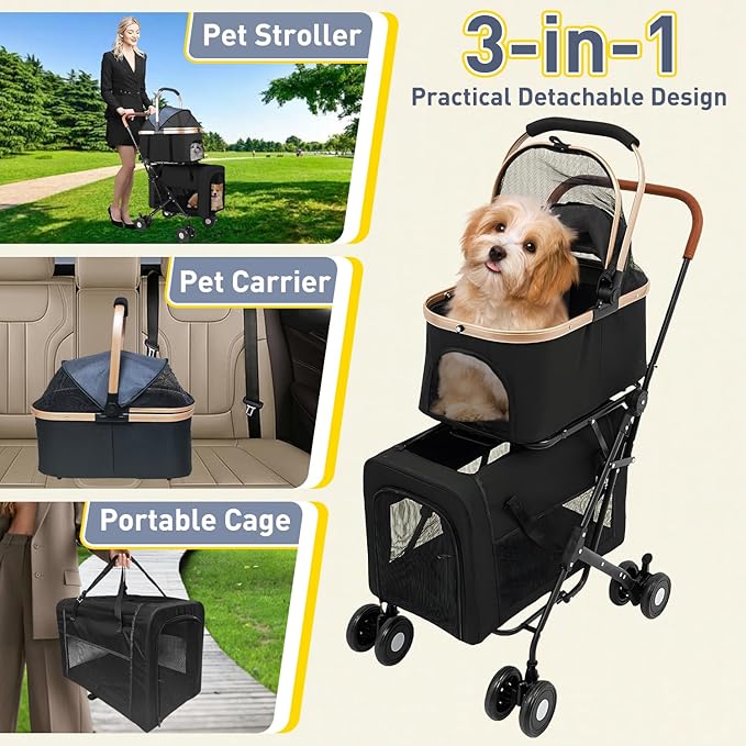 Double Pet Stroller for 2 Dogs or Cats, Folding Dog Stroller with 2 Detachable Carrier Bags, Safety Belt, 4 Lockable Wheels, Separate Compartments, for Multi-Pet Homes (Black)