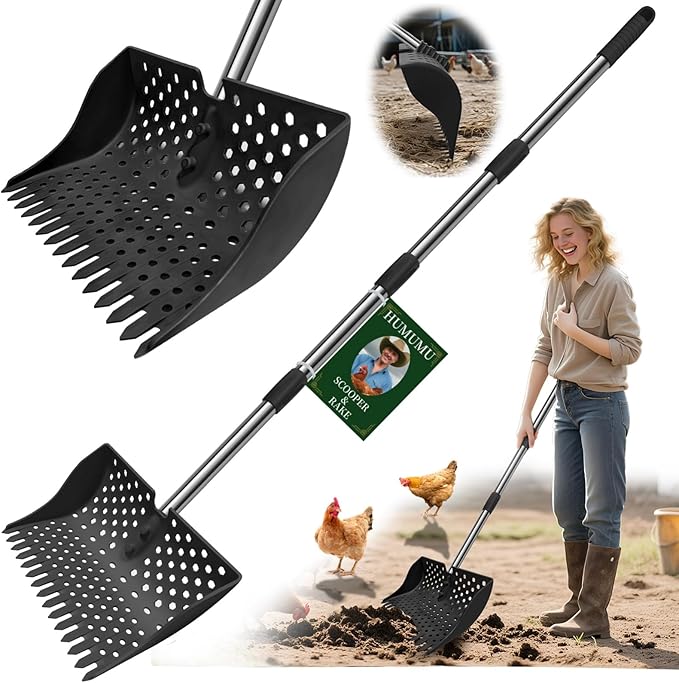 12-Inch 2-in-1 Chicken Poop Scooper & Rake – US Patent Pending – 3-Shape Sifting Holes Chicken Coop Rake，Stainless Steel Handle （20–61"）– Litter Scoop Sand & Sifting Shovel for Chicken Coops (Black)