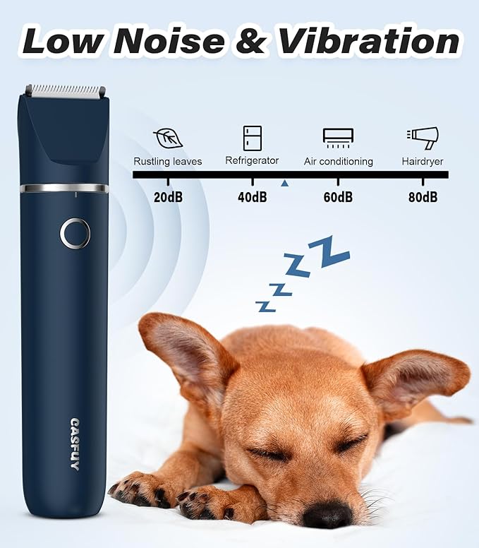 Casfuy Cordless Hair Trimmer, Low Noise Grooming Clipper for Dogs Cats & Small Pets, USB Rechargeable, Double Blades for Trimming Hair Around Paws, Eyes, Ears, Face, Rump