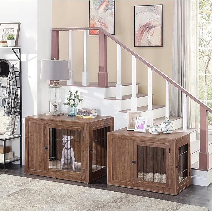 unipaws 38.5 Inch Furniture Style Dog Crate for Medium Large Dogs, Indoor Aesthetic Dog Stuff Kennel, Modern Decorative Wood Wire Cage, Pretty Cute End Side Table Nightstand, Walnut