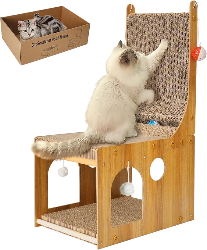 Cat Scratcher, Double Layer Cat Scratching Board, L Shaped Vertical Cat Scratcher for Wall and Couch Protection, Cat Cardboard Scratcher with 5 Ball Toys for Indoor Cats