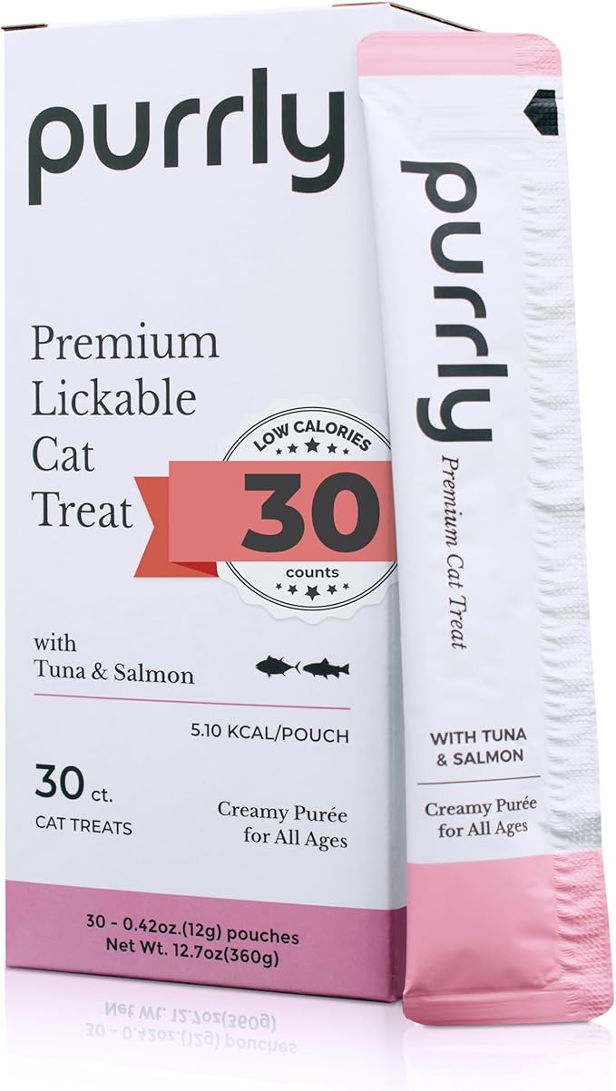 Purrly Squeezable Cat Treats Wet Healthy Interactive Hydrating Human-Grade Tuna & Salmon with Omega-3 & 6 for Skin & Coat (30 Count) Lickable Healthy Creamy Puree