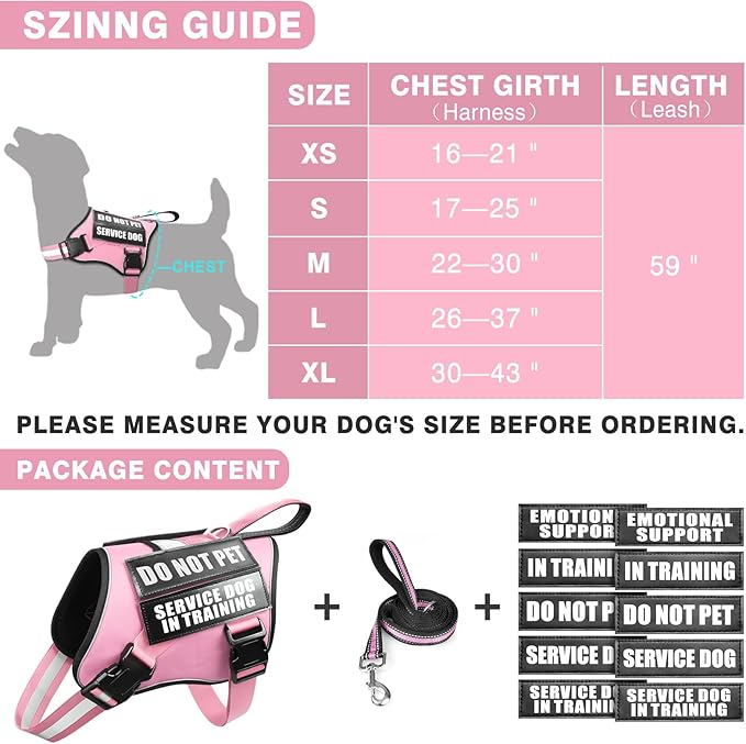 Service Dog Vest Harness and Leash Set+10 Patches,No Pull&Easy Walk Reflective Dog Harness with Soft Padded Handle for Training/Everyday,Fit Small/Medium/Large/Extra-Large Dogs (Pink L)