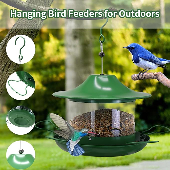 Metal Bird Feeder for Outdoors, Hanging Wild Bird Feeder with Spill-Proof Tray, All-Weather Outdoor Bird Feeder with Water-proof PVC Tube,Easy to Clean and Fill, 4.5Lb Capacity,Gifts for Outdoor Decor
