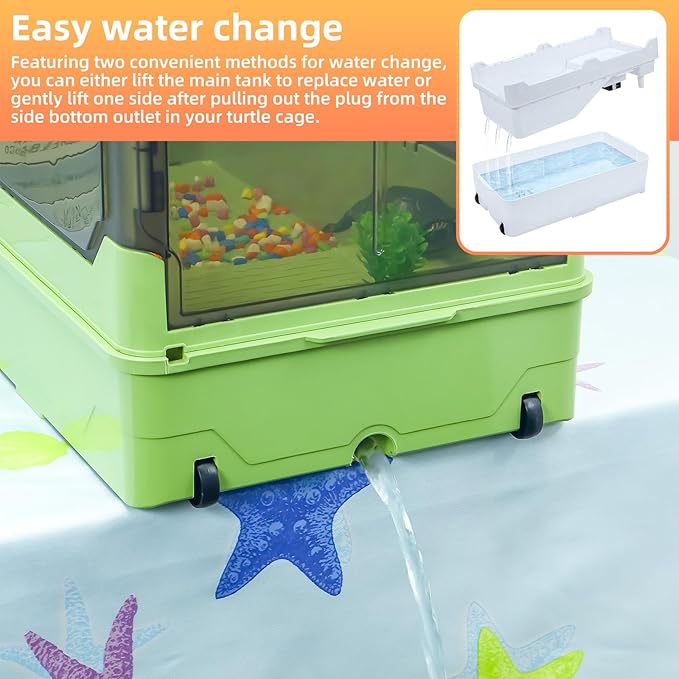 Turtle Habitat Tank Kit– Fresh Filtration, Waterplay Fun, Diverse Living, Heat Lamp, Water Pump and Convenient Water Changes in Tanks Habitat Kits Turtle cage (Green, Large)