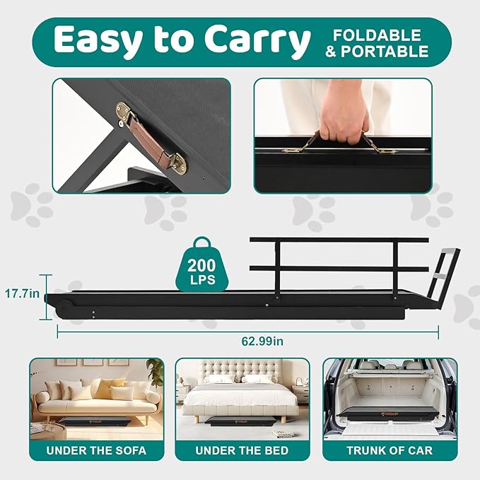 Dog Ramp for Bed, Adjustable Pet Ramps for Dog to Get on Bed, Non-Slip Rubber Surface - Folding Wooden Dog Ramp for Small/Large/Old Dogs, Adjustable up to 31 inch High Beds, Safety Railings