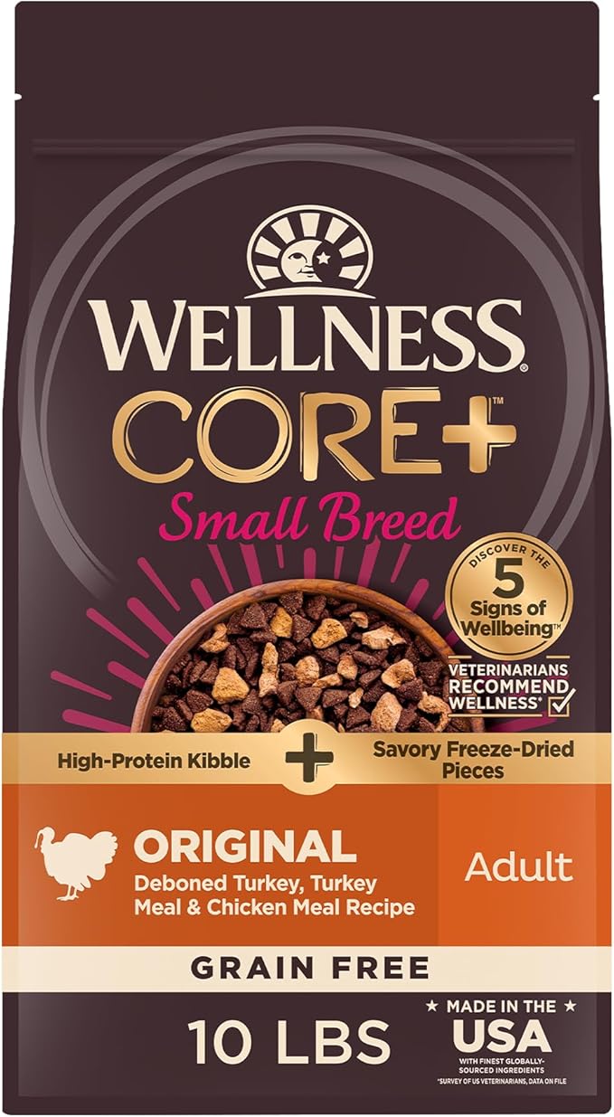 Wellness CORE+ Dry Dog Food with Freeze Dried Pieces, Small Breed, Grain Free, High Protein, Natural, Original Turkey & Chicken Recipe, (10-Pound Bag)