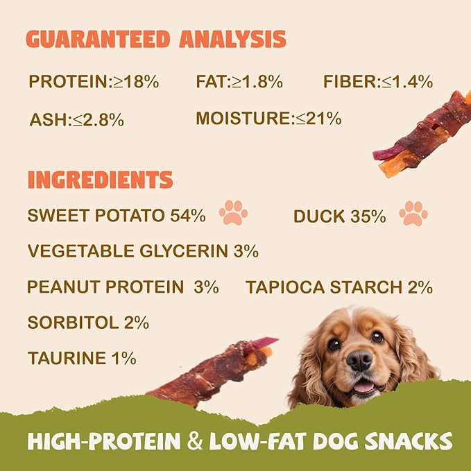 Dog Jerky Treats Duck Wrapped Orange Purple Sweet Potato, Healthy Dog Snacks High Protein Low Fat, Soft Chews Eliminates Tears, Training Rewards Treats for Small Medium Large Breeds,10.58 oz