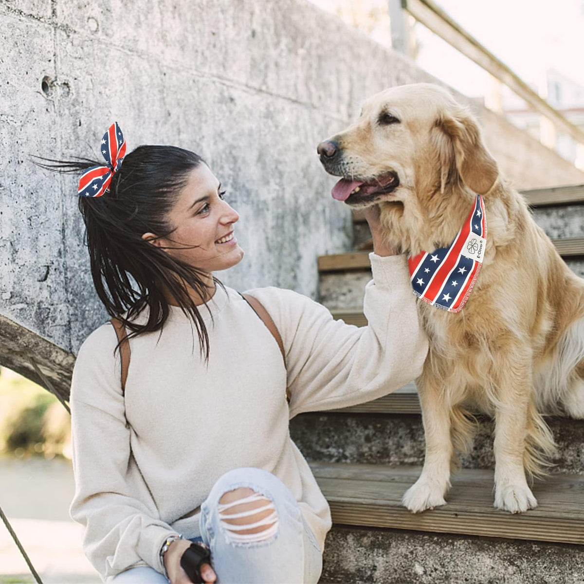 E-Clover 4th of July Dog Bandanas & Matching Scrunchie Set American Flag Dog Scarf for Medium Large Dogs Patriotic Pet Bandana Kerchief Bibs Owner Mom Matching Gifts