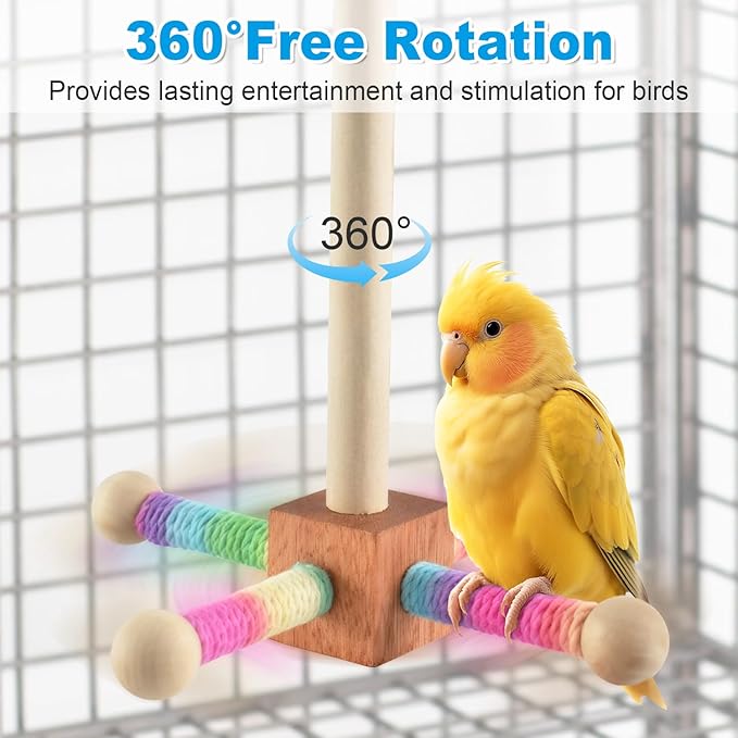 Bird Perch Toy, Interactive Spinning Parakeet Parrot Toys with Chew Toy, Parakeet Cage Accessories for Small and Medium Parrots, Enrichment Cockatiel Toys for Birds Cage