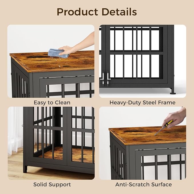 26 Inch Heavy Duty Wooden Dog Kennel End Table with Double Door Design and Secure Locks, Indoor Pet Crate Furniture for Small Dogs, Decorative Home Cage Design,Aged Black