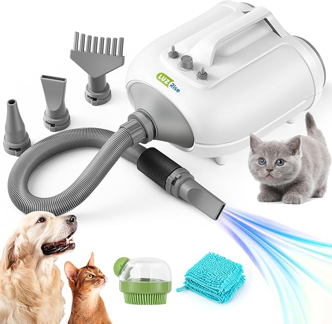 Dog Dryer for Pet Grooming Professional, 6HP/3500W High Velocity Blow Dryer for Dogs, Dual Motor Pet Dryer, Adjustable Temperature 95-125℉ & Airflow 0-90 M/S, 2.5-7.5 FT Hose with 4 Nozzles